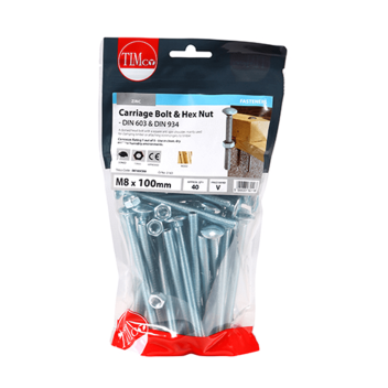 Timco Carriage Bolts & Hex Nut -  M8 x 100mm (40pcs)