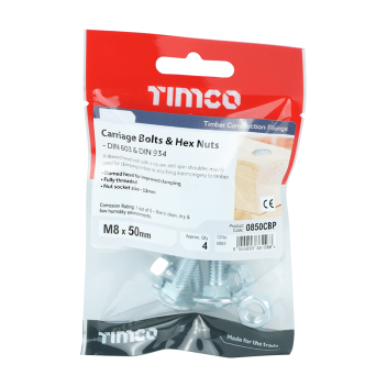 Timco Carriage Bolts & Hex Nut -  M8 x  50mm (4pcs)